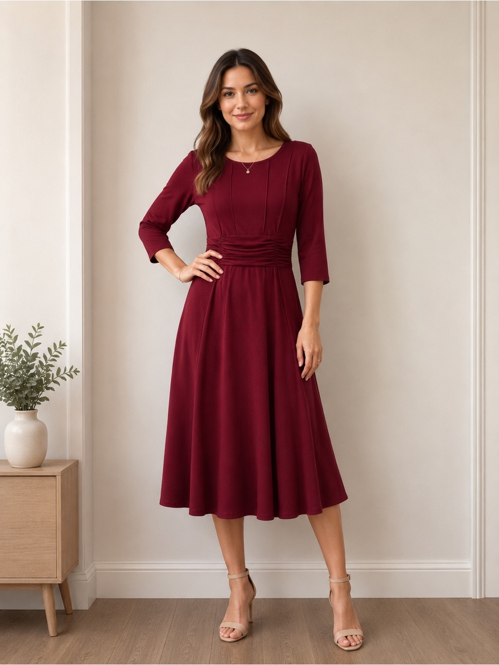 Rekucci Burgundy Ruched Waist Midi Dress Size 6